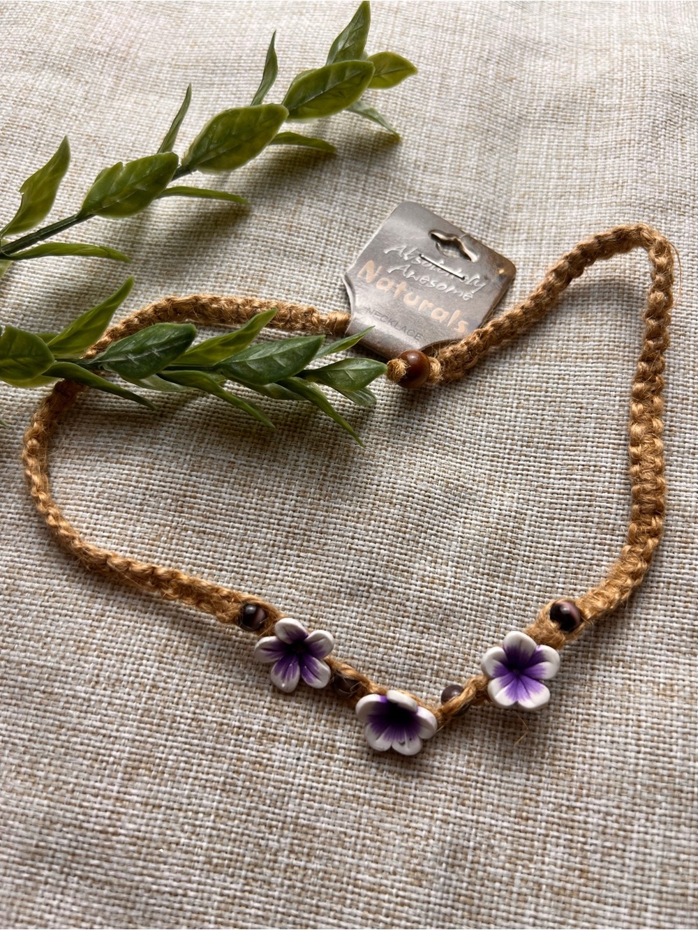 BOHO Brown Corded Hemp Hawaiian Vacation Chocker Necklace with Flowers